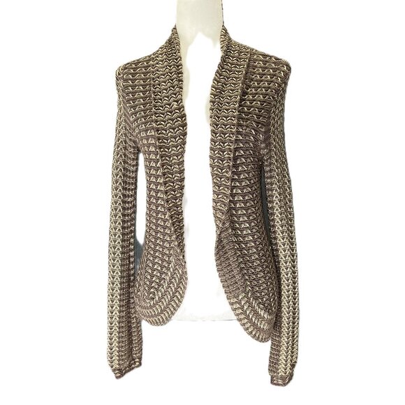 Coquette Metallic Gold Knit Waterfall Open Cardigan Shawl Collar Peplum Medium - Picture 2 of 11